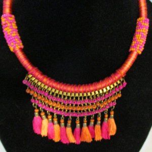Women's Bib Necklace Multicolor Pink, Orange Bead & Tassels